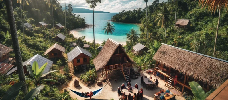 Penginapan ramah lingkungan tropis di Sulawesi, Indonesia, dikelilingi oleh tanaman hijau subur dan menghadap ke pantai yang tenang dengan air yang jernih.